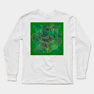 Golden Filigree Hearts on Green Abstract Long Sleeve T-Shirt